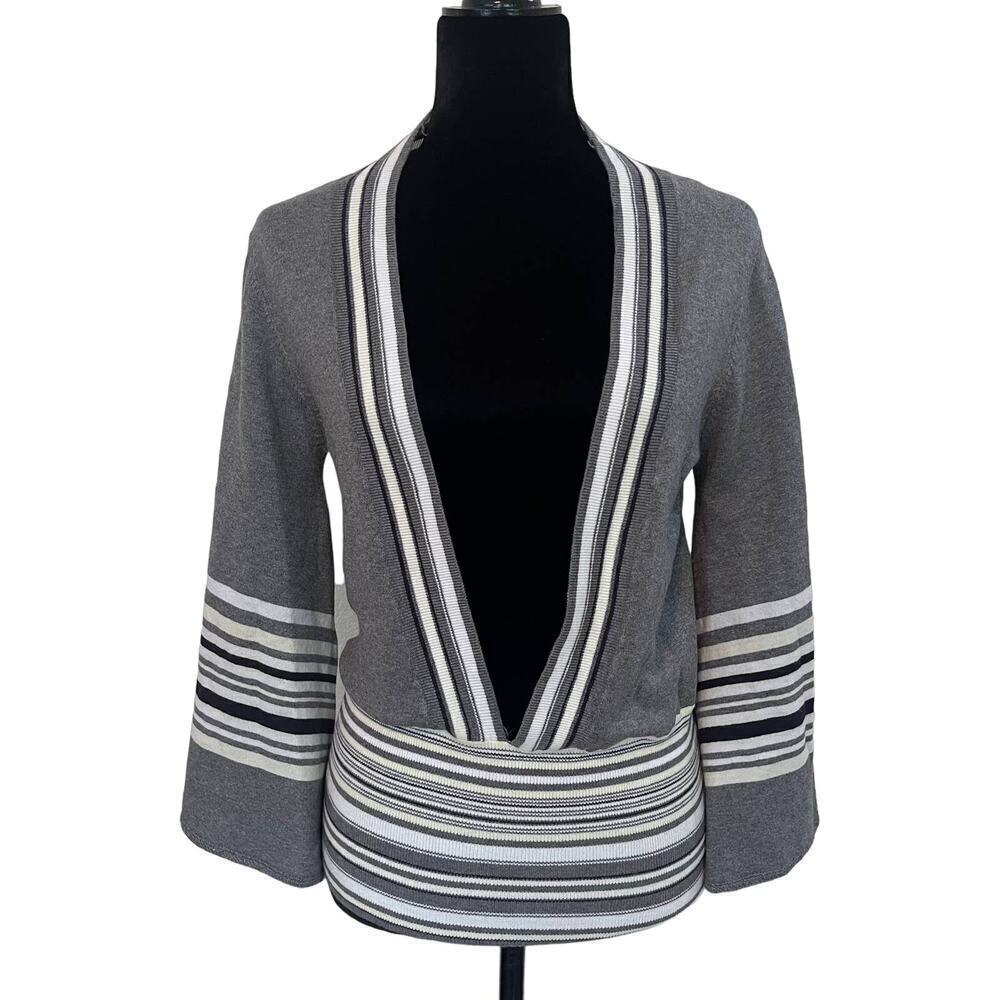 525 America Grey Striped Flare Sleeve Open Sweater Size S